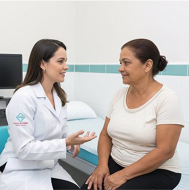 Médica e paciente conversando dentro da clínica da cidade